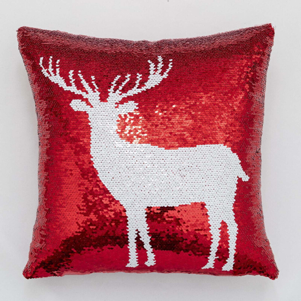 Trendy Christmas Pillow With Double-Sided Sequins, Snowflake Deer Head Design, Sequin Holiday Throw Pillow For Festive Home Decor Red