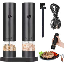 Ensemble de moulins à sel et à poivre rechargeables (lot de 2), noir, finesse de mouture réglable, chargement USB-C, base de rangement –