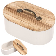 Wood Tampon Holder for Bathroom – Farmhouse Oval Storage Bin with Lid, Compatible with Feminine Products (Black/White)