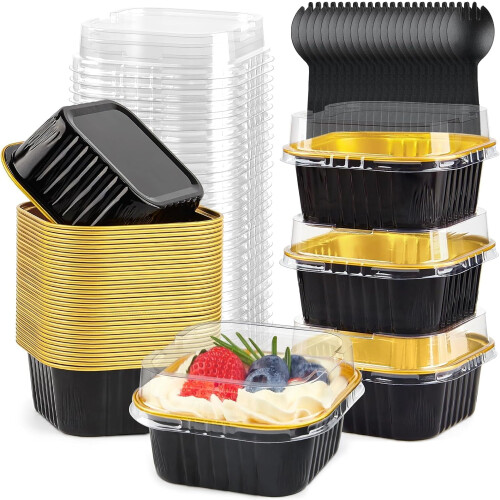 Mini Cake Cups with Lids and Spoons 150ml Square Aluminum
