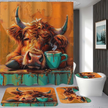 Highland Cattle Shower Curtain Set (1/4 pcs) + Non-Slip Mat, U-Shaped & Toilet Seat Mats – Bathroom Home Decor