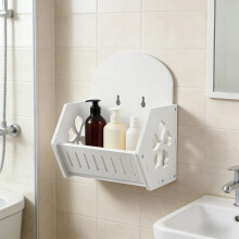 Wall-Mounted Wooden Storage Rack with Suction Cup, No-Drill Bathroom & Office Organizer Basket (24.9x20.8x15.8cm), Compatible with Smooth Surfaces