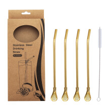 Stainless Steel Straw Spoon Set - 4 Reusable Drinking Spoon Straws with Cleaner Brush - Perfect for Milk Tea, Juices, and Coffee