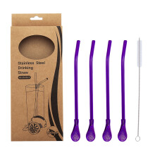 Stainless Steel Straw Spoon Set - 4 Reusable Drinking Spoon Straws with Cleaner Brush - Perfect for Milk Tea, Juices, and Coffee