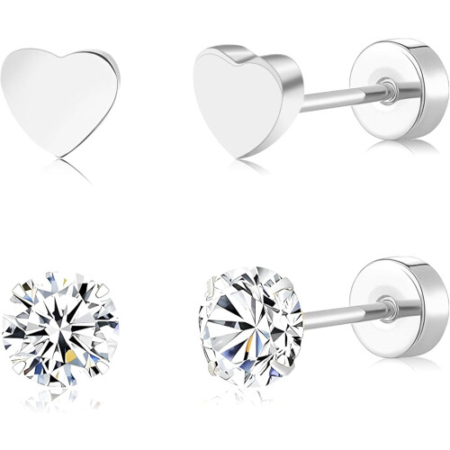 Titanium Heart Stud Earrings with AAA Zircon, 5mm