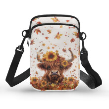 Umhängetasche mit Kuh- und Ahornblattmotiv, verstellbarer Schultergurt, auslaufsicherem Polyester, für Damen und Herren, 11 x 5 x 18 cm, ideal für
