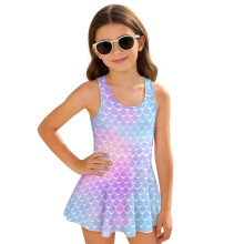 Purple Merimaid Scale Little Girls Swimsuits One Piece with Skirt for Kids Girls 1-Piece Beach Swimming Suit Summer Vacation, Size 8-9