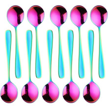 10 Pieces Round Soup Spoons, 18/10 Stainless Steel Finished Bouillon Spoon, Table Dinner Spoons, Rainbow