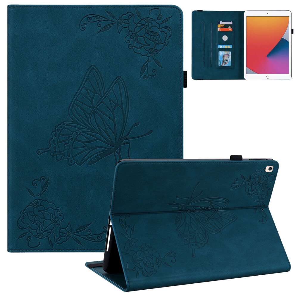 Butterfly Embossed Slim Case For Ipad 10.2" (2021/2020/2019) – Shock Absorption, Kickstand, Pencil Holder, Auto Sleep/Wake, Dark Blue 9341593720410