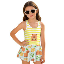 Girls Swimsuit One Piece with Skirt Kawaii Capybara Lemon Modest Beach Swim Dress 1-Piece Bathing Suit Swimwear Beach Sport, Size 10-11
