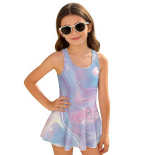 Girls One Piece Swimsuits Sleeveless Pink Mable Print Back Strap Bathing Suits 1-Piece Modest Beach Swim Dress Summer Vacation, Size 8-9