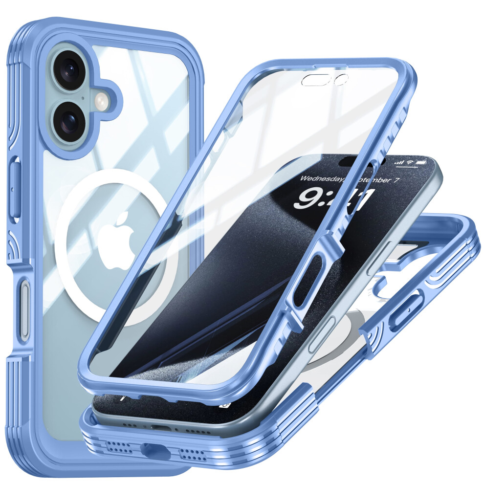 Compatible With Iphone 16 Case Â Magsafe, Shockproof Rugged Clear Bumper With Built-In Screen Protector, Blue 9097180907084