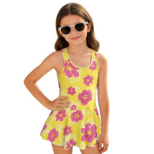Girls Swimsuit One Piece Pink Hawaiian Floral Sleeveless Skirted Bathing Suit Size 12-13 Modest Beach Swimming Suit Beach Vacation
