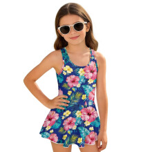 Red Hawaiian Floral Girls One Piece Swimsuits Modest Bathing Suit Swimwear Sleeveless Modest Beach Swim Dress Pool Party, Size 3-4