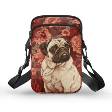 Umhängetasche mit Blumenmuster und Mopsmotiv für Damen, 2 Fächer, ideal für den täglichen Weg zur Arbeit oder Freizeit, Schultertasche für