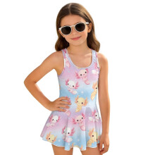 Kids One Piece Swimsuit Girls Cute Axolotl Modest Beach Swim Dress Size 8-9 1-Piece Sleeveless Swimwear Summer Beach Vacation