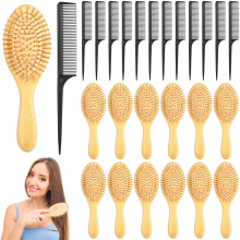 40 PCS Wood Hair Brush Set w/ Wooden Cushion Brush & Plastic Tail Comb – Detangling, Sectioning, Daily Care – Home/Salon/Party Favors