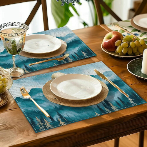 Forest Tree Fog Mountain Moon Placemats 12x18" Washable 2
