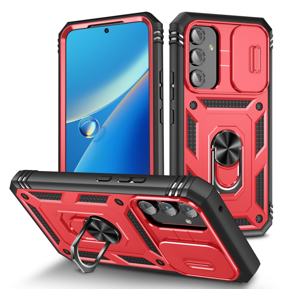 Compatible With Samsung Galaxy A25 5G Case Â Rugged Shockproof Hybrid Cover With Slide Lens Cover, Finger Ring & Kickstand Â Red/Black 9097180907909