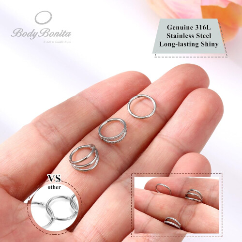 3 τεμάχια ρινικοί δακτύλιοι 16G/18G/20G, χειρουργικοί κρίκοι από ατσάλι 316L με CZ για 2