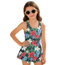 Girls Swimsuit One Piece Modest Size 8-9 Back Strap Bathing Suit Skirted 1-Piece Swim Dress Summer Beach Vacation, Hawaiian Floral