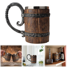 Wooden Barrel Beer Mug, 18oz Viking Stein with Handle, Stainless Steel Double Wall Tankard – Antique Gift for Men, Vintage Bar Accessory, Compatible