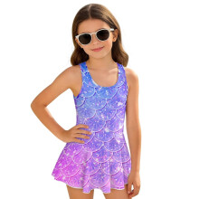 Girls' Modest One-Piece Swimsuit, Size 3-4, Polyester/Spandex, Skirted Swim Dress with Mermaid Scale Print, Purple