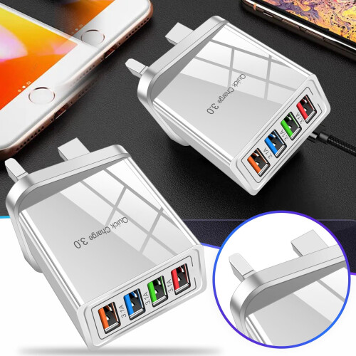 Γρήγορος φορτιστής 4USB3A, προσαρμογέας τοίχου 60W συμβατός με Android, λεπτό βύσμα UK, 1
