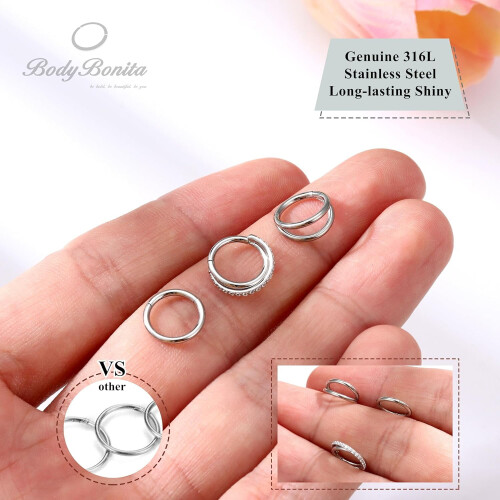 3 τεμάχια ρινικοί κρίκοι 16G/18G/20G, χειρουργικοί κρίκοι από ατσάλι 316L με CZ, για 2