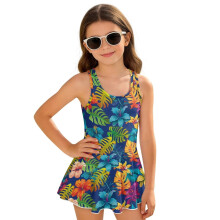 Hawaiian Blue Floral Girls One Piece Swimsuits Modest Sleeveless Beach Swimwear with Skirt for Kids Girls Beach Swimming Suit, Size 12-13