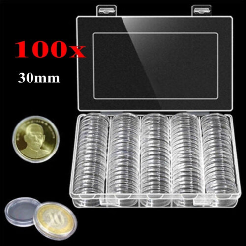 100 st/ask 30 mm rund myntförvaringshållare plastdisplay samlarföremål present 1