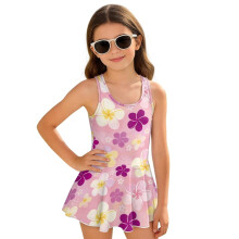 Girls Swimsuit One Piece Pink and Purple Floral Polyester and Spandex Bathing Suits 1-Piece Beach Swim Dress Pool Party, Size 5-6