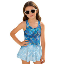 Blue Mermaid Scale Little Girls One Piece Swimsuits Polyester and Spandex Modest Beach Swim Dress with Skirt Swimwear Pool Party, Size 3-4