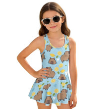 Kawaii Capybara Swim Girls One Piece Swimsuits Size 6-7 Modest Skirted Bathing Suit Back Strap Swimwear Summer Beach Vacation