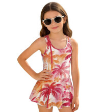 Girls Swimsuits Kids Red Palm Tree One Piece Swim Dress Size 8-9 Back Strap Modest Skirted Bathing Suit Beach Sport
