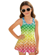 Colorful Mermaid Scale Girls One Piece Swimsuits Sleeveless Bathing Suit Swimwear with Skirt Beach Swim Dress, Size 8-9