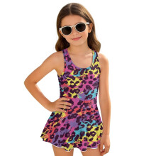 Kids One Piece Swimsuit Girls Size 12-13 Polyester and Spandex Swimwear for Kids Girls Bathing Suit Skirted Beach Vacation, Rainbow Leopard