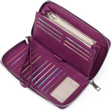 Women's wallet, large capacity leather women's wallet, zip clutch, bracelet with RFID blocking,Great gift for Wife, Girlfriend/Deep purple