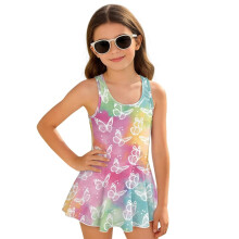 Little Girls Swimsuits One Piece Rainbow Butterfly with Skirt for Kids Girls Modest Beach Swim Dress Summer Vacation, Size 12-13