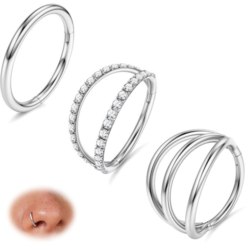 3 τεμάχια ρινικοί δακτύλιοι 16G/18G/20G, χειρουργικοί κρίκοι από ατσάλι 316L με CZ για