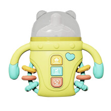 Mamadeira de brinquedo verde para bebês, com tambor que bate palmas e modos de som para educação e acalmamento precoce.