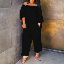 Macacão feminino casual, cor sólida, ombros à mostra, mangas compridas, modelo Loong Siamese, plus size, com bolsos (preto, tamanho GG)