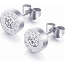 Boucles d'oreilles puces rondes en acier inoxydable avec zircon cubique et chiffres romains