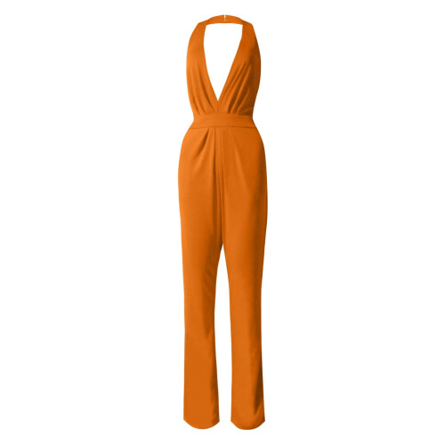 Macacão feminino de cor sólida, calça reta, design simples e requintado (laranja, M)