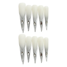 (M) French Tip White Pointed Fake Nails - Durable & Comfort