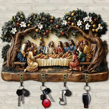 Last Supper Wooden Key Rack with 4 Antique Copper Hooks, Religious Wall Mount Key Holder for Home Entryway, Kitchen Decor