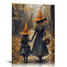 Vintage Halloween Witch Canvas Wall Art – Gothic Retro Horror Poster for Living Room, Bedroom, Bar Decor (Framed)