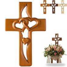 Hand-Carved Wooden Cross with Intertwined Hearts – Elegant Wall Decor for Wedding, Valentine's, Christmas (Natural)