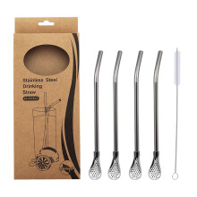 Stainless Steel Straw Spoon Set - 4 Reusable Drinking Spoon Straws with Cleaner Brush - Perfect for Milk Tea, Juices, and Coffee