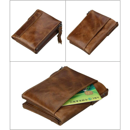 Men's Folding Double Zip Wallet RFID Blocks Retro Short Coin Purse 1